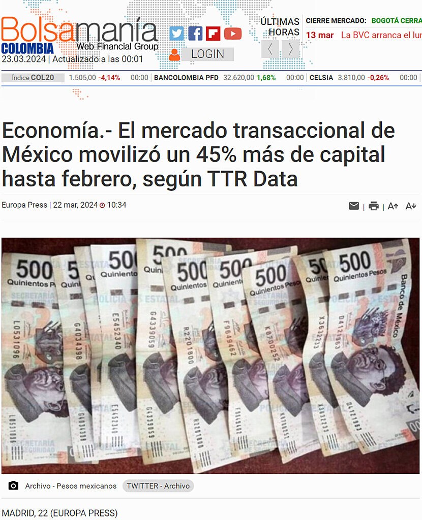 Economa.- El mercado transaccional de Mxico moviliz un 45% ms de capital hasta febrero, segn TTR Data